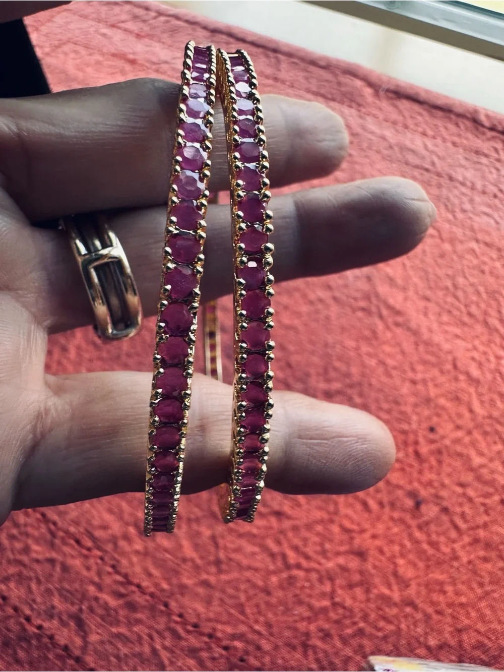 Gold-Tone Pink Stone Bangle Bracelets - Women Jewelry 2.8 size